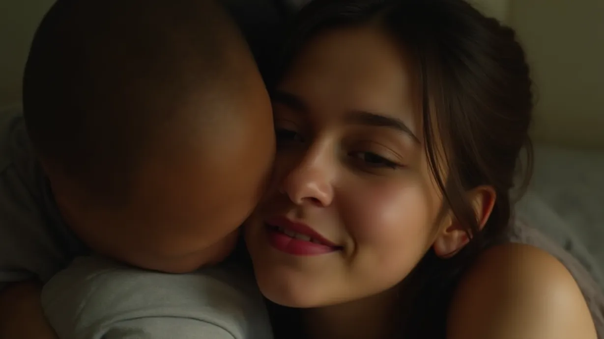 Image a balanced composition image of ,Close-up shot. Above the shoulders, the young womans face is illuminated by soft light. Her lips are gently parted, her eyes closed, and a slight smile plays on her lips as she leans into the embrace. The young womans clothing is not specified in the description.,interior,in the day