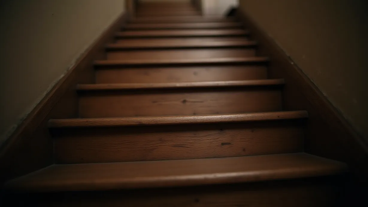 Image a balanced composition image of ,The worn wooden steps of the staircase stretch downwards, each step displaying a subtle gradient of light and shadow.,interior,in the day