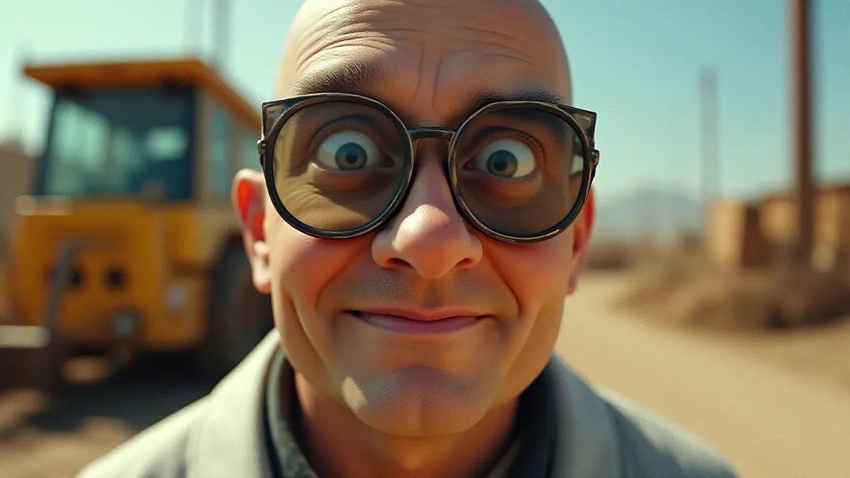 Image a balanced composition image of ,Close-up shot. A scientists massive face fills the frame. Wide eyes express curiosity and a hint of playful mischief, sunlight reflecting off the smooth surface of the head. The scientist is wearing clothes. The area around the scientist reveals scattered construction equipment and debris.,exterior,in the day