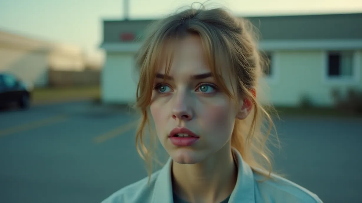 Image a balanced composition image of ,A young woman, with a look of pleading etched across her face, stands in the hospital parking lot, her eyes fixated on the protagonist. She is wearing clothes.,exterior,in the day