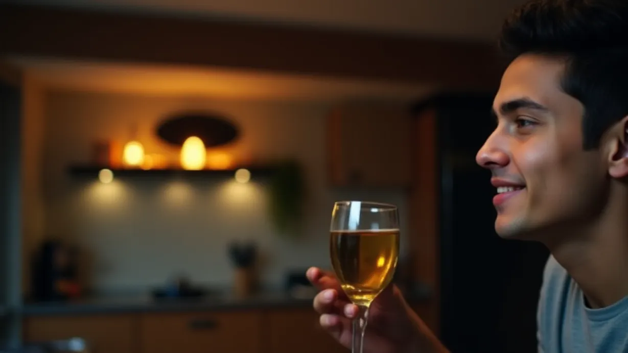 Image a balanced composition image of ,A medium close-up of the young mans face, illuminated by warm kitchen lights. A subtle smile curves his lips as he raises a glass. The background shows a newly renovated kitchen; modern design and ambient lighting reflect in the glass.,interior,in the night