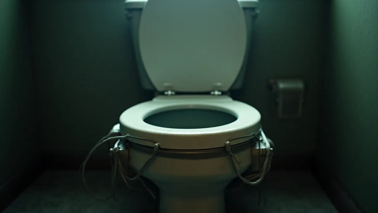 Image a center composition image of ,A portapotty with dirty toilet water. Wires are attached to the legs, reflecting the dim light of the interior.,interior,in the day