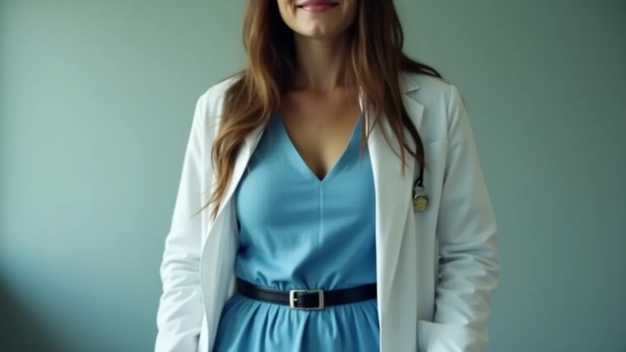 Image a balanced composition image of ,A sexy young_adult woman with hourglass figure, fair skin, and brown eyes smiles, reflecting the soft light of the room. She has medium-length brunette straight hair and is wearing a white lab coat over a blue blouse and blue knee-length skirt, cinched with a black belt.,interior,in the day