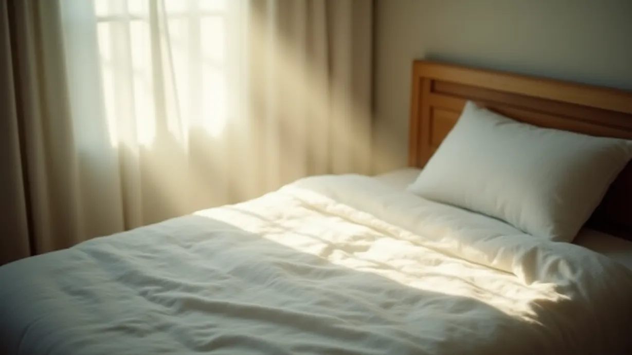 Image a balanced composition image of ,A ray of sunlight illuminates a white bed in a room. The blanket is neatly arranged, and a pillow rests on the bed. The scene is a balanced shot.,interior,in the day