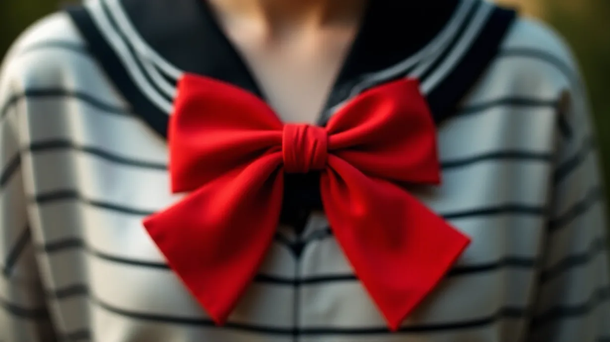 Image a balanced composition image of ,A red bow centered in the frame, contrasting against black and white stripes of the sailor uniform. The bows ruffled material and fabric texture are visible under daylight.,exterior,in the day