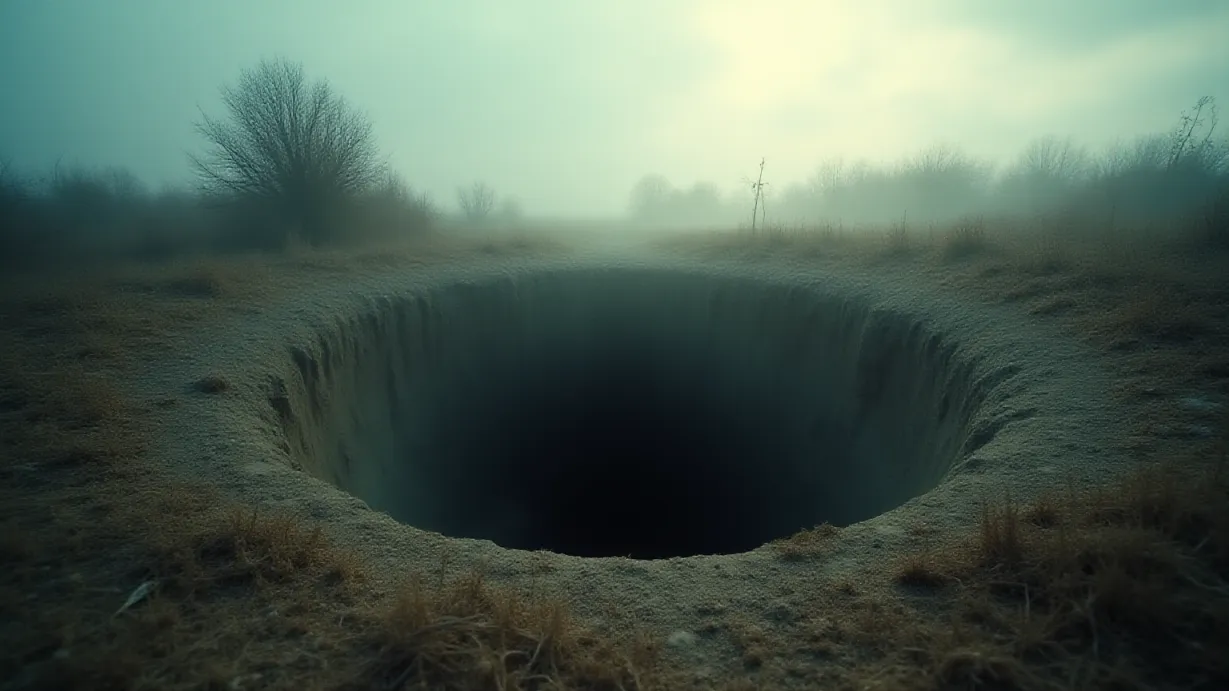 Image A wide, dramatic establishing shot focusing on a perfectly circular, dark hole in the earth, the entrance to a deep tunnel. The scene is set near the edge of a quaint village, transitioning into an overgrown field. The light is soft and diffused, indicative of a late afternoon or early morning, casting long shadows and enhancing the depth of the scene. The sky is overcast, with a gentle, diffused light breaking through the clouds, creating soft, volumetric rays that partially illuminate the scene and highlight the circular hole in the foreground. Heavy, low-lying mist clings to the ground, swirling around the hole and obscuring the tunnel's depth. The immediate foreground is dominated by dry, cracked earth, interspersed with sparse, dead grass and small pebbles, emphasizing the harshness of the environment. Leading lines formed by the slight slope of the field and the direction of the light draw the viewer's eye toward the hole. The color palette is muted, with earthy tones of brown, grey, and touches of faded green from the sparse vegetation. A sense of mystery and foreboding is created through the deep shadows, the swirling mist, and the unseen depths of the hole. NO CHARACTERS are present.