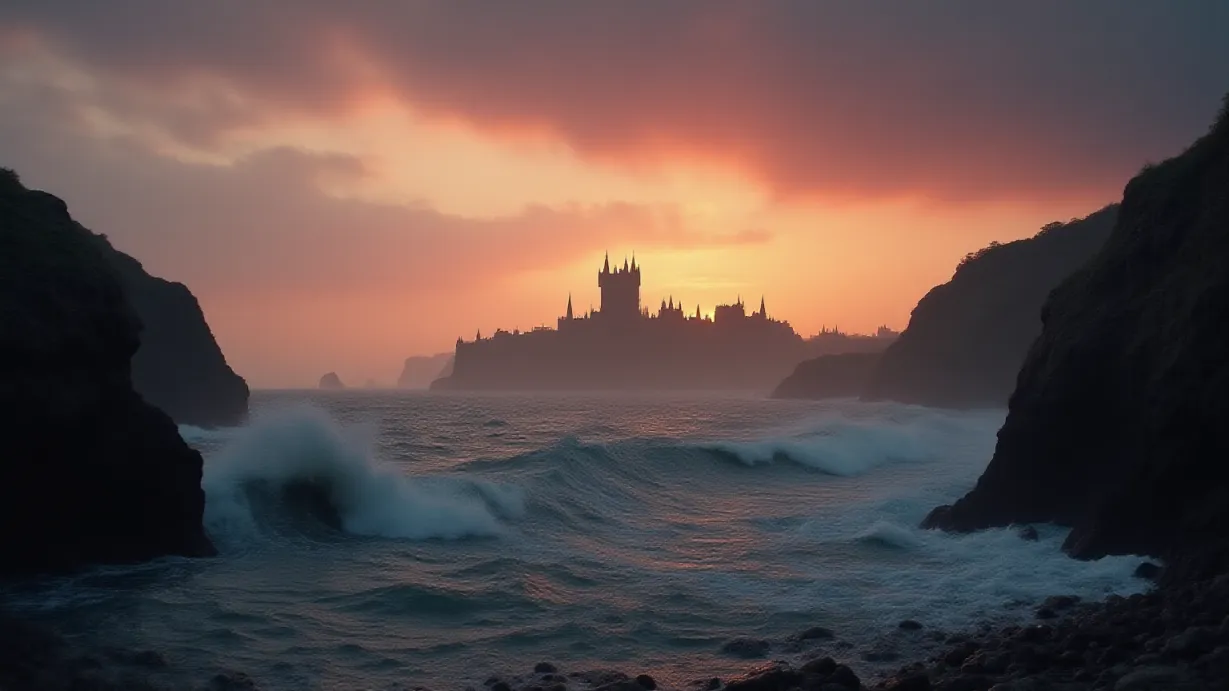 Image A wide establishing shot of the coastline approaching King's Landing, bathed in the ethereal glow of a late afternoon sun. The sky is a canvas of bruised purples and fiery oranges, with streaks of high-altitude cirrus clouds catching the last rays of the sun. The ocean is a churning expanse of dark blues and greens, with whitecaps forming in the distance, hinting at a brewing storm. The shore is rocky and rugged, with weathered cliffs rising dramatically from the waterline. A thick, swirling mist hangs low over the water, partially obscuring the city of King's Landing. The city itself is a cluster of imposing stone structures, their silhouettes softened by the mist, with the largest building resembling a palace, standing majestically over the rest. The only sound is the crashing waves. The scene is framed by jagged rock formations in the foreground on either side of the view, creating a sense of depth and perspective. The light casts dramatic shadows, and there are no characters present, focusing solely on the atmosphere of impending danger.