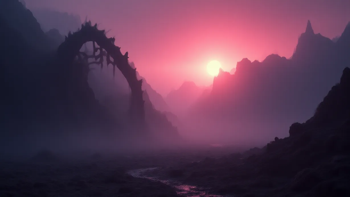 Image A vast, desolate valley stretching towards the horizon, shrouded in a perpetual twilight. The sky is a deep, bruised purple, bleeding into streaks of fiery orange near the distant, jagged mountain peaks that dominate the background. A thick, ethereal mist clings to the valley floor, swirling around the bases of colossal, petrified dragon bones that litter the landscape, creating an unsettling atmosphere. The bones, weathered by time and etched with intricate patterns, are the only signs of life in this forsaken place. Shafts of pale, filtered sunlight pierce through the oppressive atmosphere, casting dramatic shadows that elongate the skeletal remains, emphasizing their imposing size. The foreground is dominated by the skeletal remains of a large dragon, its ribcage forming a natural archway. The lighting creates a strong sense of depth, highlighting the textures of the bone and the swirling mist. The overall mood is one of loss, remembrance, and the lingering presence of something powerful and ancient.  The color palette should be dominated by muted purples, oranges, and grays, creating a sense of both beauty and melancholy. Volumetric lighting is essential.
