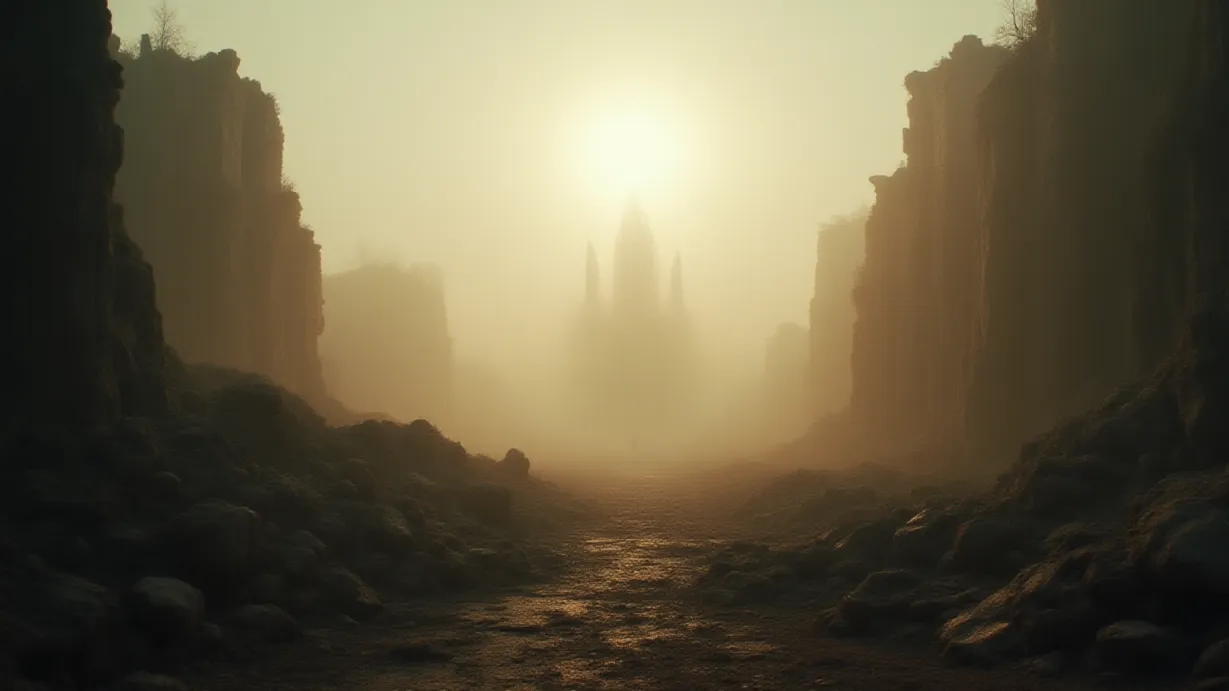 Image Wide, desolate establishing shot of a ruined cityscape at the edge of a vast, scorched plain. The remaining structures, once majestic, are now skeletal remains of a forgotten civilization. A thick, swirling fog, tinged with the ashen hues of a long-past inferno, clings to the ground, partially obscuring the broken columns and toppled statues. Dramatic, low-angle sunlight, barely piercing through the dense atmosphere, casts long, ethereal shadows across the rubble-strewn streets, emphasizing the sense of loss and desolation. Dust motes, illuminated by the sunbeams, dance in the air, adding to the atmosphere of decay. The color palette is dominated by muted grays, browns, and the occasional hint of rust orange, creating a somber and melancholic mood. The composition follows the rule of thirds, with the horizon line positioned lower in the frame to emphasize the expansive emptiness. In the foreground, a fragment of a once-grand building provides a frame, drawing the eye deeper into the scene. The texture of weathered stone, cracked surfaces, and overgrown weeds adds to the sense of time's passage. Depth of field is shallow, with the immediate foreground slightly out of focus, guiding the viewer's attention toward a distant, focal point: the remnants of a colossal, crumbling monument silhouetted against the ethereal light. The air is heavy with the scent of destruction and the echoes of a vanished past.