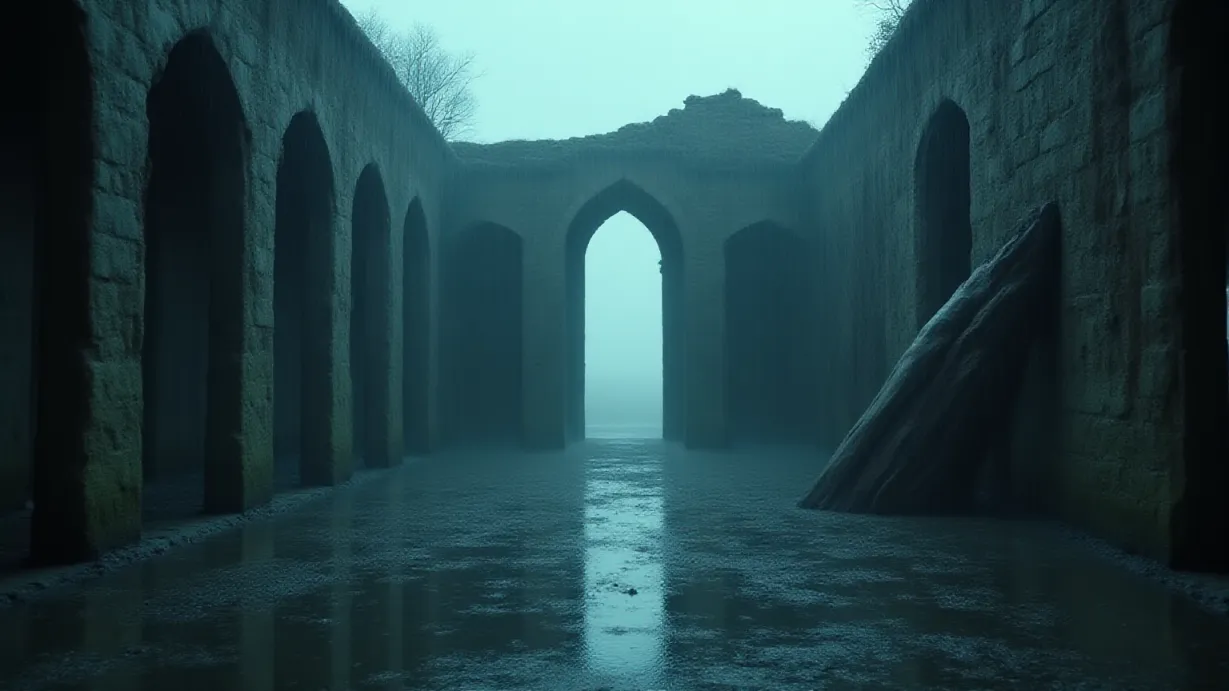 Image Establishing shot of a flooded, crumbling castle hall, 'Castamere', perpetually drenched in heavy rain. The hall's interior is partially visible, with stone walls eroded by centuries of weather and neglect. Water pools reflect the overcast sky and the skeletal remains of the hall's once opulent architecture. The air is thick with mist and a chilling dampness, illuminated by a faint, diffused light filtering through broken windows. The color palette is dominated by cool, desaturated tones: deep grays, muted blues, and hints of rust from decaying metal accents. Dramatic shadows cast by the remaining structures create a sense of decay and abandonment. The composition follows the rule of thirds, with the ruined hall occupying the lower two-thirds and the sky filling the top third. Leading lines of fallen pillars draw the eye towards a focal point of a collapsed archway, suggesting a glimpse of the outside world beyond the ruin. The texture of weathered stone, waterlogged wood, and the subtle patterns of rain create an immersive scene of desolate beauty.