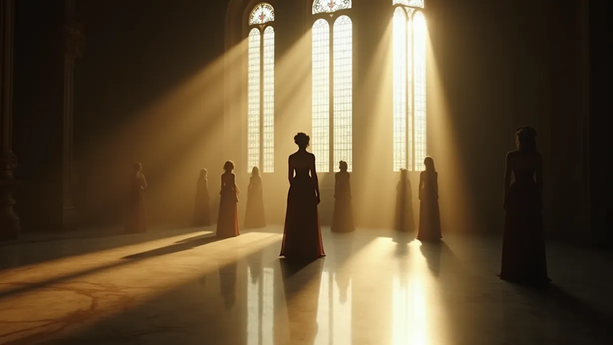 Image A wide, dramatic shot inside a grand hall. Sunlight streams through large, ornate windows, casting long shadows across a polished marble floor. The hall is filled with a soft, diffused light and a slight haze, emphasizing the elegance and anticipation of the scene. In the foreground, a group of figures stand partially obscured by shadows, their backs to the viewer. They are dressed in traditional costumes, with long hair and elaborate makeup, their forms revealed by the play of light and shadow. Focus on the textures of the costumes and the subtle details of the hall's architecture. The scene is designed to create an atmosphere of mystery and transformation, with emphasis on the environment, light and shadow play, and the implied presence of the characters rather than their individual faces. The composition uses leading lines from the window light and floor patterns to guide the eye, and the selective focus maintains the depth and drama. The mood is enhanced by the warm color palette of the light and shadows.
