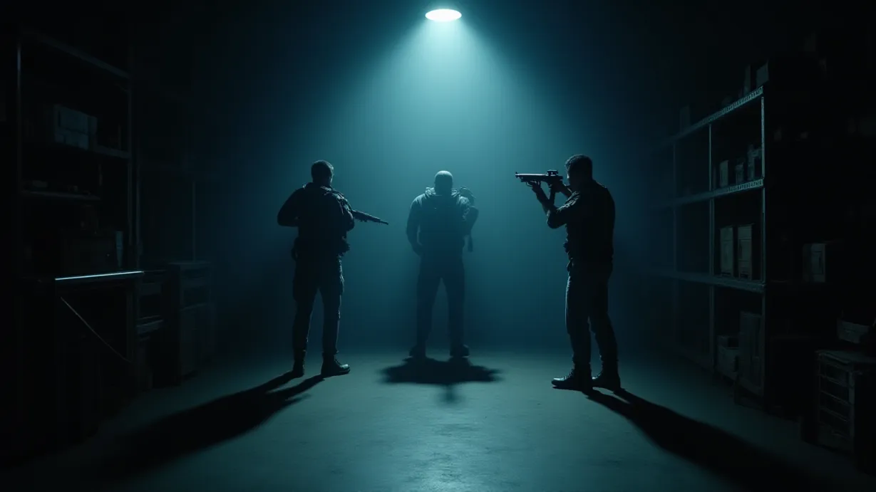 Image Interior of a dimly lit armory. Metal shelves laden with military equipment and tactical gear line the walls, casting long shadows across the concrete floor. Dust motes dance in the single beam of a high-powered flashlight, illuminating the scene. Alex is seen from behind, silhouetted by the light, reaching for a silenced rifle. Ben, seen partially obscured by a stack of crates, his back turned to the camera as he loads explosives, his movements focused and deliberate. Rick's hands, visible in the foreground, grip a Glock 19, the cold metal reflecting the faint light. A sense of urgency and impending action permeates the scene. The color palette is desaturated, with cool blues and grays dominating, punctuated by the warm glow of the flashlight and the metallic sheen of the weapons. The composition utilizes leading lines formed by the shelves and equipment to direct the viewer's eye toward the weapons and the figures.