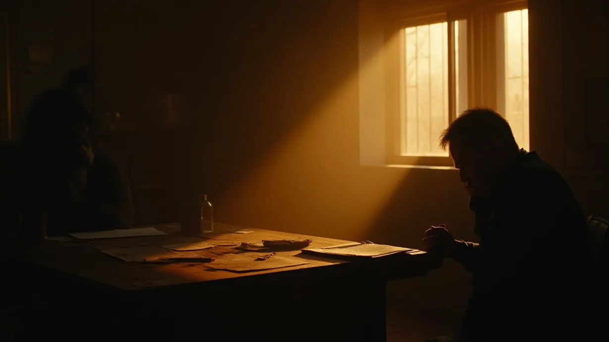 Image Interior scene of a dimly lit museum office, bathed in the warm, dramatic light of a setting sun. A large, dusty window dominates the right side of the frame, casting long shadows across the room and illuminating floating dust particles. Focus on a central wooden desk cluttered with artifacts and documents. A faded photograph lies on the desk, catching the light. Captain Hook, seen from behind, a dark silhouette against the window, his metal hook reflecting the light. The father is visible to the side, slumped back in his chair, his face obscured by shadows and an expression of defeat and regret, hands covering his face. The overall atmosphere is thick with tension and a heavy sense of revelation. The air is filled with the scent of old paper and dust. Emphasize the emotional weight of the moment and the contrast between light and shadow.