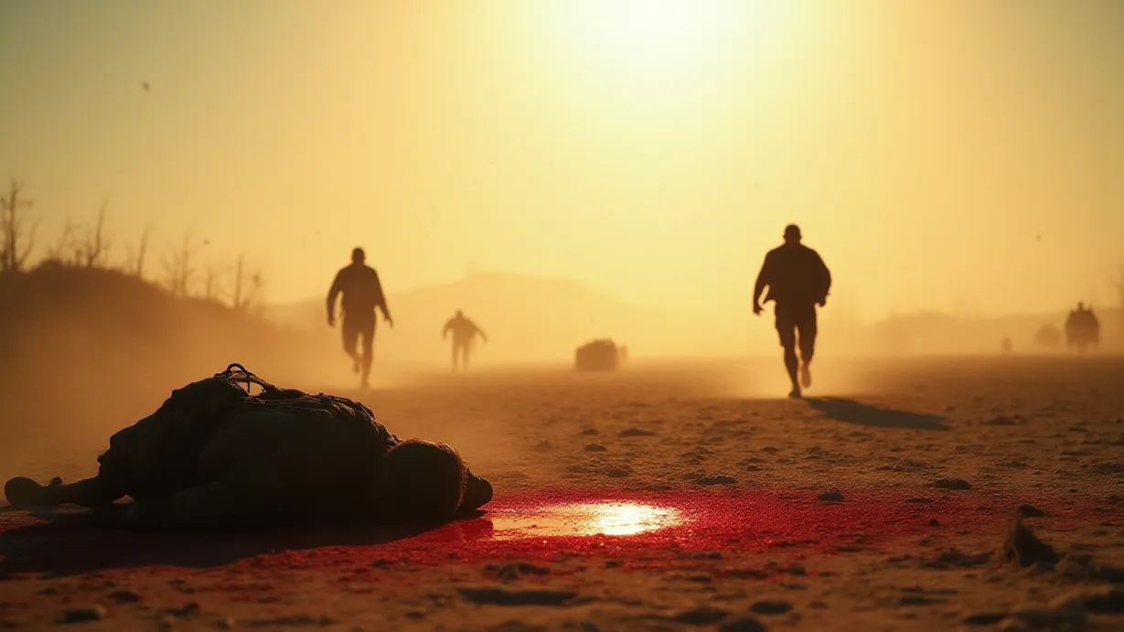 Image A desolate, sun-drenched battlefield. The scene is dominated by the harsh midday sun casting long, dramatic shadows. Dust motes dance in the air, illuminated by shafts of light that pierce through the haze. In the foreground, a fallen player lies sprawled, a pool of crimson blood spreading across the dry, cracked earth. Their form is partially obscured by the harsh light, highlighting the textures of the ground and the stillness of death. In the midground, two figures are captured from behind, mid-stride, running desperately towards a distant objective. Their backs are hunched, hands outstretched, silhouetted against the blinding light. The composition emphasizes the vastness of the field, with scattered obstacles and the prone bodies of other players creating a sense of chaos and danger. The focus is sharpest on the fallen player and the running figures, gradually softening into the background. The overall tone is one of tension and desperation, punctuated by the harshness of the environment.