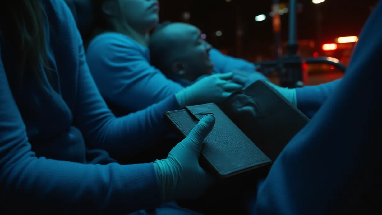 Image Interior of a speeding ambulance, the harsh blue and red emergency lights reflecting off the polished surfaces, casting long, dancing shadows. A focused detail shot on Amber's hands, knuckles white as she clutches her father's leather-bound journal tightly in her lap. The pages of the journal are faintly visible, hinting at the stories within. Beside her, a paramedic's gloved hand reaches out to adjust an IV line on the arm of the father, seen from the side, his face pale and in shadow, his chest barely rising and falling. Oxygen mask and medical equipment are visible, their metallic surfaces reflecting the chaotic light. The environment outside the ambulance is a blur of passing city lights, further emphasized by the shallow depth of field, enhancing the sense of speed and urgency. A sense of intimacy and vulnerability is created, highlighting the emotional turmoil of the moment.