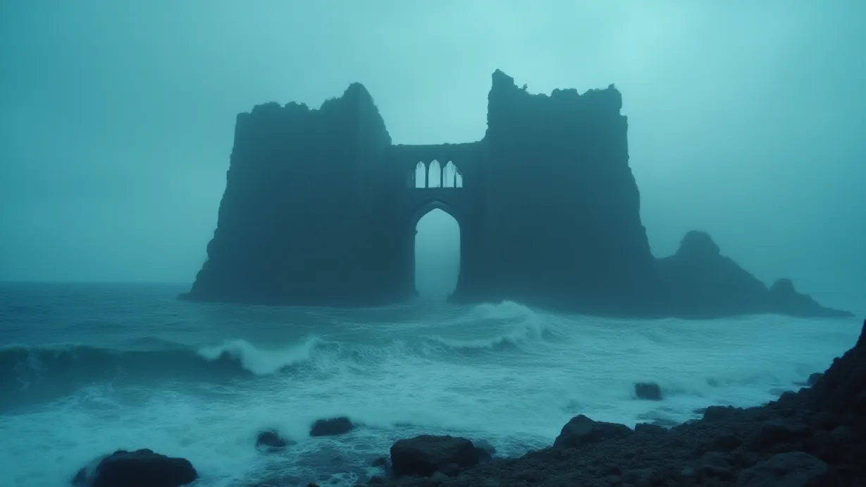 Image A vast, melancholic seascape under a perpetually overcast sky, establishing the ruins of a once-grand hall. Rain lashes down, blurring the details of the crumbling stone structure that juts out of the churning ocean. The hall's skeletal arches and weathered columns are silhouetted against the turbulent gray sky, with the relentless rain creating a sense of isolation and despair. Waves crash against the base of the ruins, their frothy white caps contrasting with the dark, churning water. A thick, swirling mist hugs the coastline, obscuring the horizon and amplifying the sense of endlessness and desolation. The color palette is dominated by somber grays and blues, with subtle variations in tone to emphasize the texture of the stone, water, and sky. Volumetric light filters weakly through the gaps in the clouds, casting long, dramatic shadows across the ruins, highlighting the erosion and decay. Foreground elements, such as jagged rocks and debris scattered around the hall's base, add depth and scale to the scene, drawing the viewer's eye into the desolation. The overall composition emphasizes the desolation and the passage of time, using the rule of thirds to balance the sky, sea, and the ruins, creating a scene of profound loss and the enduring power of nature. The shot must convey the feeling of a place abandoned, where memories linger amidst the relentless force of the elements. The scene evokes a sense of loss and the relentless passage of time.