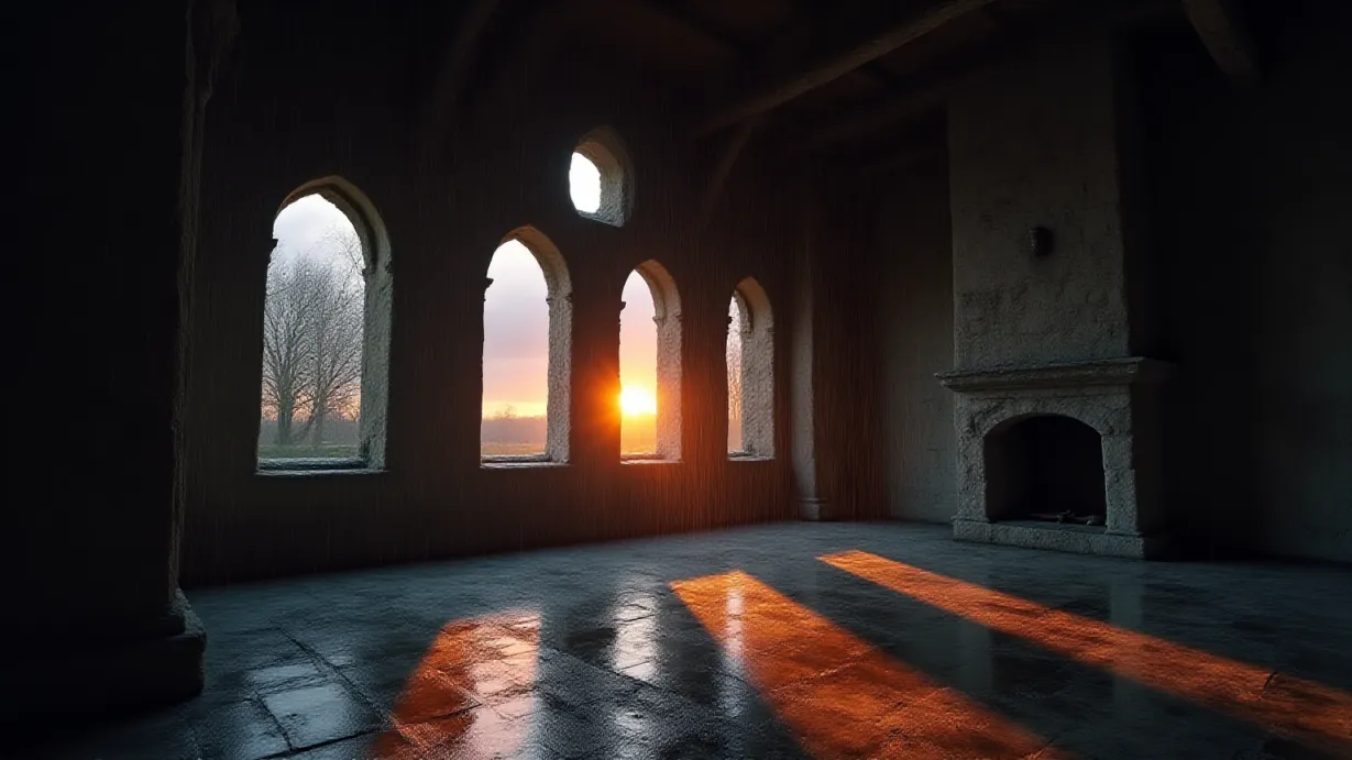 Image A desolate, rain-swept medieval castle hall. The setting sun casts long shadows through arched windows, illuminating dust motes dancing in the air. The stonework is weathered and worn, covered in moss and the stains of countless rains. Water streams down the walls, reflecting the last light of the day. The sky is a bruised palette of purple, grey, and orange, reflecting the storm that rages around the castle. Heavy, dark storm clouds dominate the sky, leaving only glimpses of the sun’s final rays. The focus is on the architectural details of the hall: the vaulted ceiling, the remnants of tapestries, and the imposing fireplace, which appears cold and unused. The overall mood is one of abandonment, grief, and the echoes of a forgotten past. The scene evokes a sense of melancholy and impending doom.
