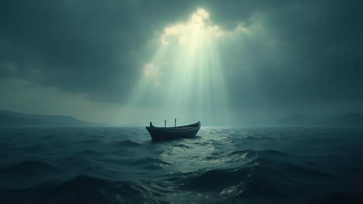 Image A wide, establishing shot of a vast, churning ocean under a brooding sky, rendered in photorealistic detail. A small, medieval-style rowboat, weathered and worn, bobs gently on the waves, positioned in the lower third of the frame, appearing insignificant against the immensity of the sea. The boat is empty. The sky dominates the composition, a swirling canvas of stormy grey and deep indigo, punctuated by breaks of ethereal sunlight that pierce through the clouds, creating dramatic god rays that cascade onto the water. These beams illuminate patches of the ocean, highlighting the texture of the waves and creating a sense of depth and scale. The color palette is dominated by cool tones – greys, blues, and silvers – with occasional hints of warmer hues from the sun peeking through, providing a striking contrast. The horizon line is obscured by a dense, rolling mist, giving a feeling of mystery and the unknown. The overall mood is melancholic and reflective, suggesting a long journey and the weight of unanswered questions. The water's surface displays intricate patterns, showing the interaction of wind and current. The setting sun creates a rim lighting effect on the crests of the waves, separating them from the darker areas and emphasizing their three-dimensional form. The boat has a rough, aged texture, evident in its weathered wooden planks and worn oars. In the distance, barely visible through the mist, outlines of mountains. Volumetric light is visible.