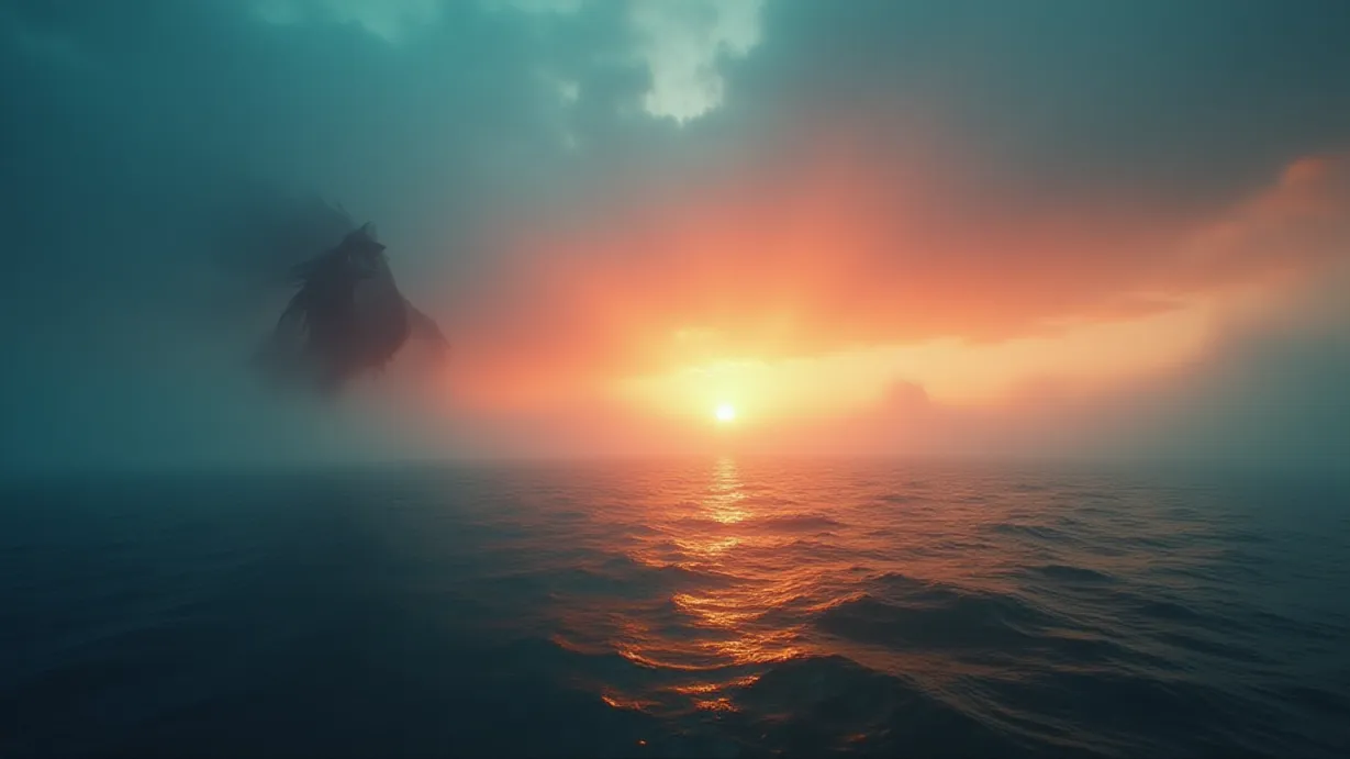 Image Epic establishing shot of a vast, open ocean at dawn. The sky is a gradient of fiery oranges and deep blues, reflecting on the water's surface. Low-lying mist clings to the water, obscuring the horizon and creating a sense of mystery. Volumetric light streams through the dissipating fog, casting long shadows and highlighting the texture of the waves. The foreground features a gently undulating sea, with small, choppy waves illuminated by the rising sun. The composition is a wide shot, capturing the immensity of the ocean.  In the distance, two colossal dragons, one red and one blue, are silhouetted against the dawn, their forms hinted at through the fog. No characters. The scene is drenched in cool hues, with splashes of warm light from the sun, creating a sense of wonder and foreboding.