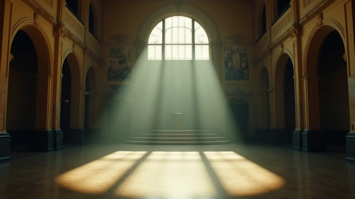 Image A wide establishing shot of the grand hall of Hollywood Arts High School, circa 2090. The scene is bathed in the soft, diffused light of a late afternoon, filtering through large, arched windows. A thick layer of dust motes hangs in the air, illuminated by the sunbeams, creating a sense of aged beauty. The once vibrant space now shows signs of disuse. Decaying posters with faded images from the school's past are peeling from the walls. The floor, a polished marble, reflects the muted light, with cracks and wear adding to the texture. In the center of the hall, an elevated stage, once used for performances, is shrouded in shadow, a single spotlight piercing the darkness and illuminating an empty podium. The color palette is muted, with a mix of warm browns, ochre from the sunlight, and cool blues and grays from the shadows. Architectural details are emphasized, with strong vertical and horizontal lines creating a sense of depth and scale. The atmosphere is one of faded glory, nostalgia, and the passage of time. The overall mood evokes a feeling of emptiness and a longing for the past. A slight haze in the distance, giving depth to the scene.  
