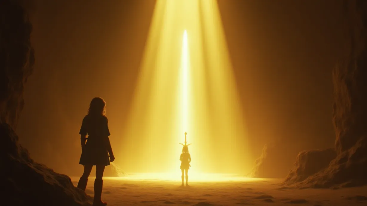 Image A wide shot of a vast, ancient cavern carved into the desert rock, illuminated primarily by the ethereal glow emanating from the Master Sword. The sword is positioned centrally, its blade radiating a brilliant, internal light, casting long, dancing shadows that stretch across the uneven stone walls. Beams of golden light, filtered through unseen openings in the cavern ceiling, create volumetric lighting that emphasizes the dust motes floating in the air. In the foreground, Link (as Linde) is seen from the back, her shoulders slumped slightly, her gaze fixed on the sword. Her hands, barely visible, are clasped loosely in front of her. To the right, Selina stands silhouetted against the light, her arm extended, her hand partially obscured, reaching towards the sword in a gesture of awe and reverence. A spectral figure, Dren, is positioned in the far corner, a semi-transparent form with glowing, sad eyes, observing the scene. The atmosphere is heavy with the weight of history and emotion. The overall tone is one of solemnity, wonder, and the lingering echoes of a difficult journey. Soft focus in the background of the cavern wall to emphasize the characters and the sword.