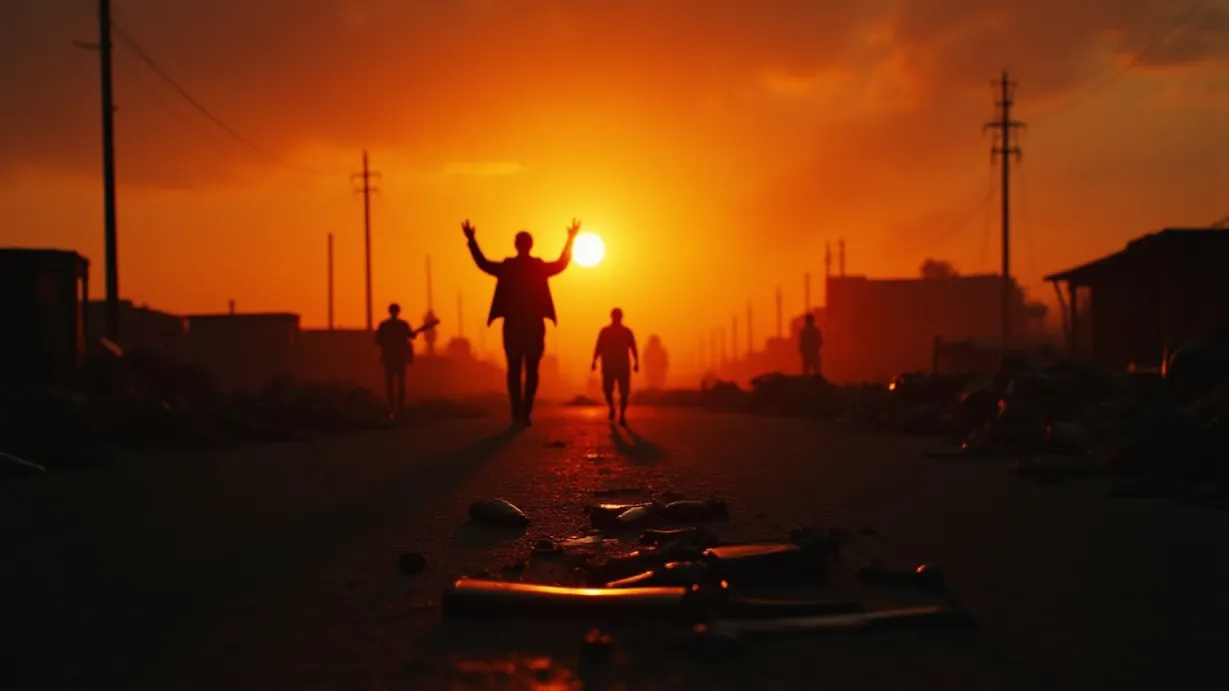 Image A wide shot of a desolate road, strewn with the corpses of fallen raiders, lit by the dying embers of a sunset. The sky is a bruised canvas of orange and deep purple, casting long, skeletal shadows from the skeletal remains of vehicles and buildings. In the foreground, a scattering of discarded weapons – rusty rifles, broken knives – lie amidst the bodies, narrating a brutal tale. A few survivors, seen from behind, are cautiously walking along the road, silhouetted against the fiery horizon. One survivor, hands up and outstretched, seems to be giving the all-clear. In the distance, a makeshift camp is visible, smoke curling into the air, hinting at the fragile hope of survival. The composition leads the eye from the carnage in the foreground, through the survivors, to the distant camp, emphasizing a sense of loss and the ongoing struggle for survival. The overall mood is bleak and somber, underscored by the dramatic light and the environmental storytelling of the discarded objects and decaying landscape.