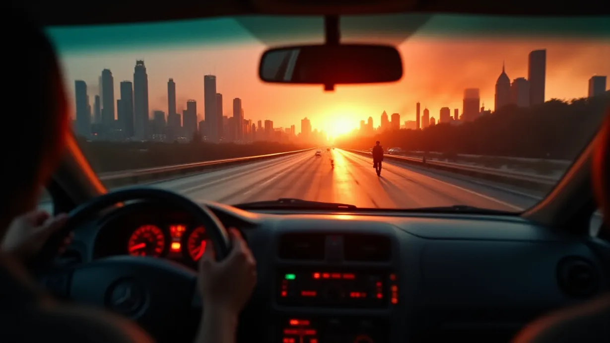 Image A lone car speeds away from a burning cityscape at dusk, leaving behind the towering skyscrapers of New York City, engulfed in flames. The asphalt highway stretches endlessly, reflecting the fiery sky above, its surface littered with debris and the wreckage of abandoned vehicles. A rearview mirror shows a distorted reflection of the city's chaos, figures of the undead pursuing in the distance. The driver's hands, illuminated by the warm glow of the dashboard lights, grip the steering wheel tightly, knuckles strained. A loaded gun rests on the passenger seat, casting long shadows across the interior. The fuel gauge is low, adding to the sense of urgency, but the engine roars, pushing the car forward. A haze of smoke obscures the horizon, and the setting sun casts long, ominous shadows across the empty road, emphasizing the vastness and the danger of the escape. The color palette is dominated by fiery oranges, deep reds, and somber grays, punctuated by the cold blue of the approaching night. The composition uses leading lines of the highway to draw the eye into the distance, and the depth of field focuses sharply on the car and the immediate road while blurring the cityscape and the figures in pursuit, creating a sense of depth and isolation.