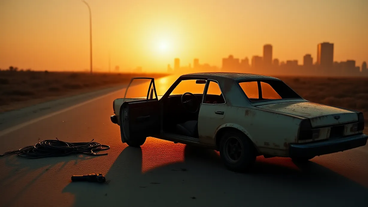 Image A wide shot of an old, dilapidated car, abandoned on a deserted road just outside of a decaying cityscape. The late afternoon sun casts long, dramatic shadows across the cracked asphalt and the rusted metal of the car. The city skyline is visible in the distance, a silhouette against the fiery sunset, a testament to the destruction that has ravaged the area. Cables and wires are strewn across the ground near the car, suggesting frantic work. The driver's side door is ajar, and an open glove compartment reveals a handgun, partially obscured by shadows. The scene is bathed in a warm, golden light that contrasts sharply with the desolation, emphasizing the urgency of the escape. Focus is on the car and the road stretching away from the city, the mood is one of desperate flight and impending isolation, creating a sense of both relief and dread. 