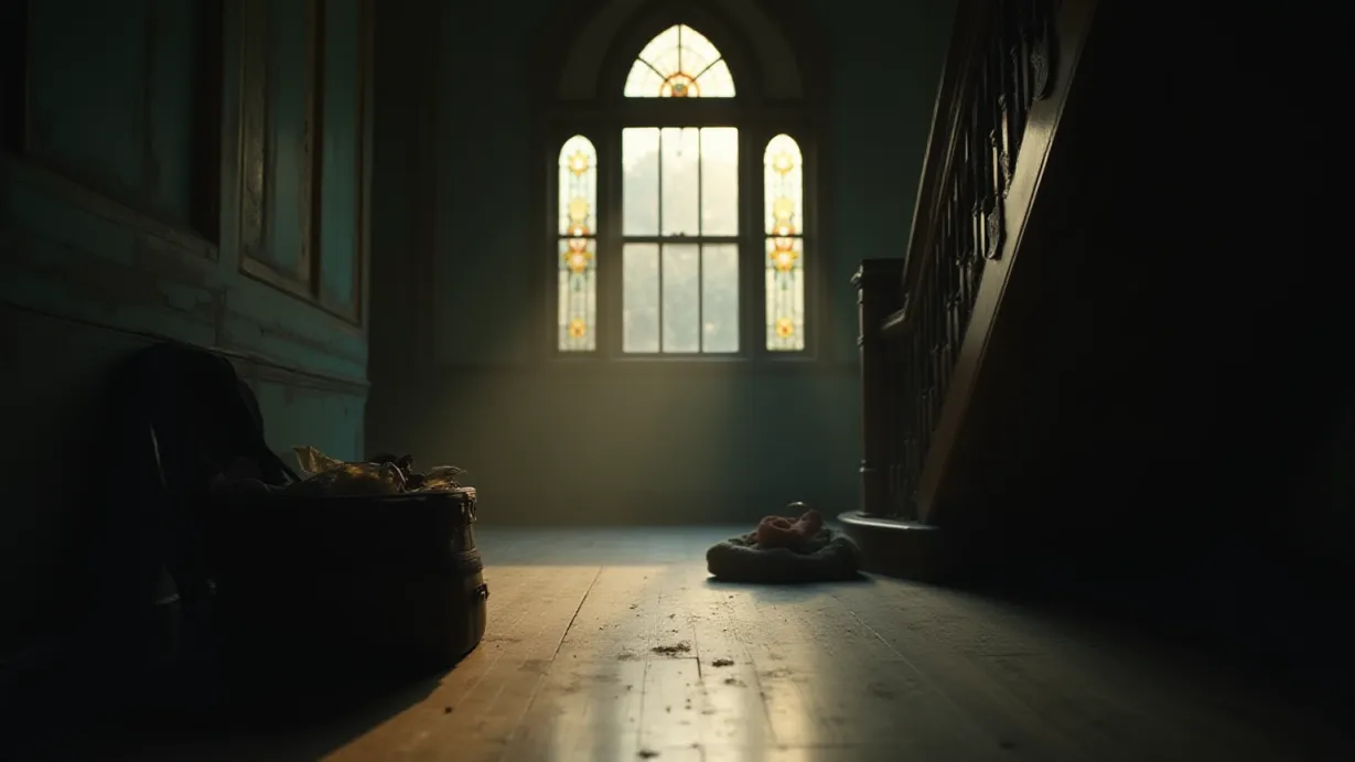 Image Establishing shot of a grand, yet slightly neglected, Victorian-era hallway. Dust motes dance in the shafts of late afternoon sunlight that streams through a large, ornate stained-glass window at the far end of the hallway. The air is heavy with a sense of unspoken tension and the lingering scent of old wood and dried flowers. The walls are a faded, muted teal, accented by peeling gold trim. A long, polished mahogany banister winds up a staircase to the right, partially obscured by the shadows. The floorboards are dark and worn, reflecting the dappled light. In the foreground, a partially packed suitcase sits on the floor, its contents spilling out, suggesting a hasty departure. The overall atmosphere is one of quiet despair and the weight of difficult choices. The lighting emphasizes the dust and decay, creating a visual metaphor for the breakdown of the relationship. A sense of uncertainty hangs in the air.