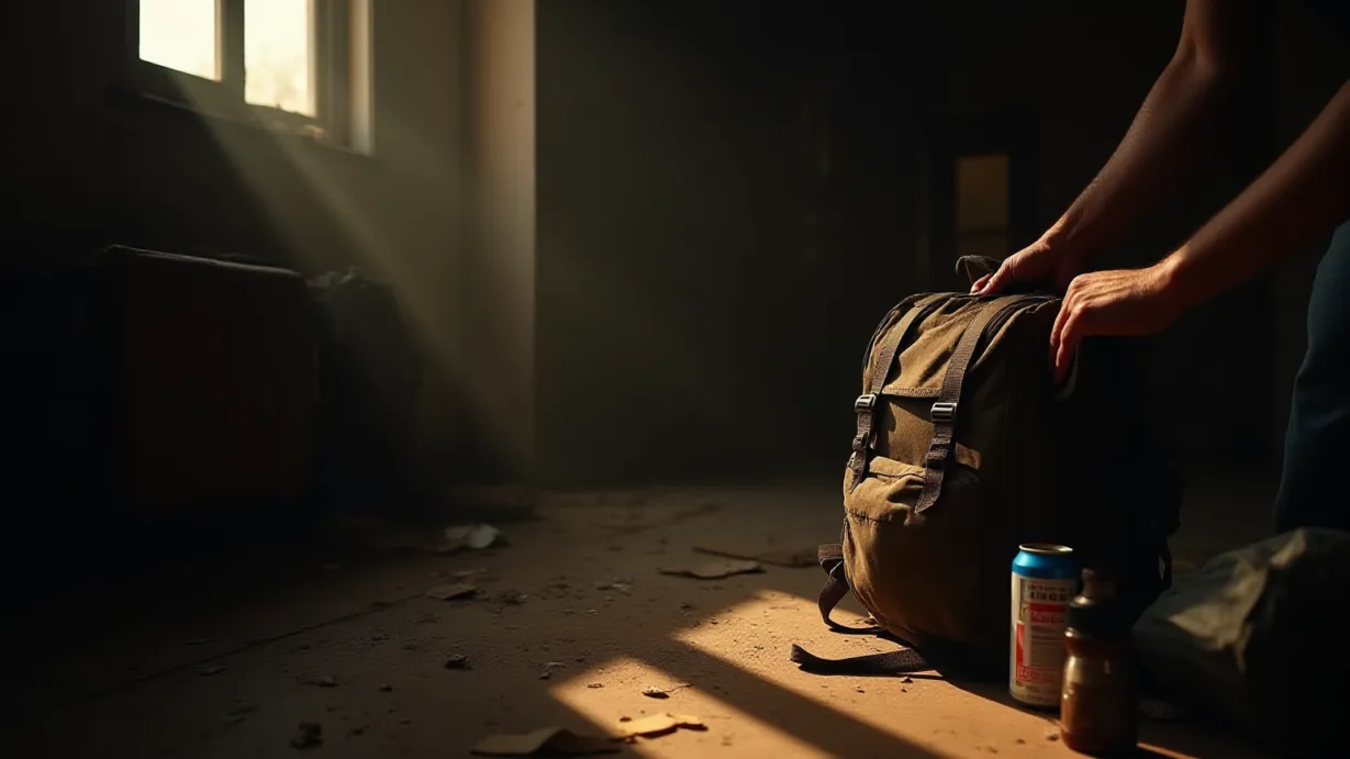 Image A dimly lit, dusty room interior. The primary light source is a fractured beam of sunlight slicing through a broken window, illuminating a section of the room and creating dramatic shadows. In the illuminated area, a worn backpack is partially packed with supplies: a can of food, a water bottle, and a first aid kit. A pair of hands, partially visible and weathered, carefully placing an item into the backpack. The foreground features scattered debris – broken furniture, scattered papers, and the general detritus of a forgotten space. In the background, a shadowy doorway leads to another room, the source of an unseen shuffling noise that casts a sense of unease and anticipation. The overall atmosphere is tense and claustrophobic, hinting at both the need for survival and the lurking danger just beyond the frame. The color palette emphasizes desaturated tones and muted colors, with the golden light of the sun casting against dust particles.
