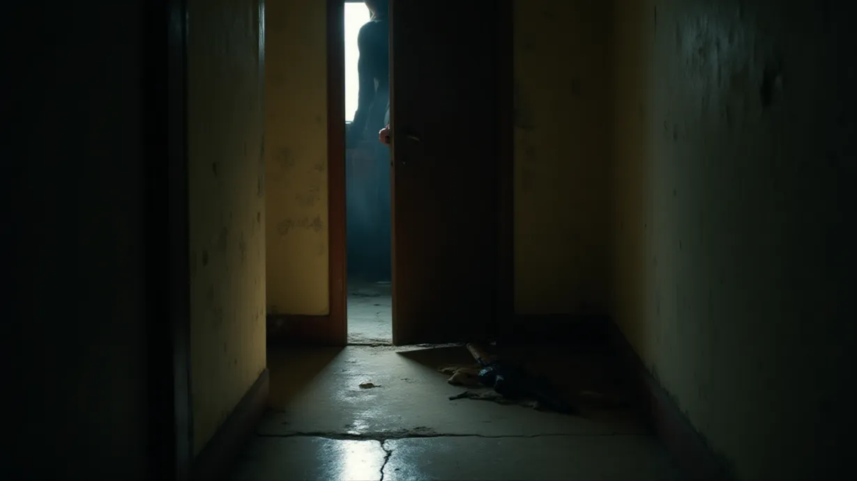 Image A dimly lit doorway, framed by cracked and peeling paint in a dilapidated building hallway. Dust motes dance in a single, focused beam of light slicing through the gloom, originating from the open doorway. The hallway stretches into shadow, hinting at an unseen source of light beyond. A rifle lies on the floor, partially obscured, but the glint of metal catches the light. A woman's hand, partially visible, is cautiously pushing the door open. Focus is on the textures of decay and the subtle play of light and shadow, emphasizing the claustrophobic atmosphere and building suspense.