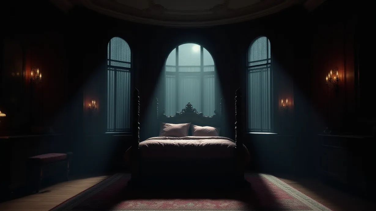 Image A wide establishing shot of a luxurious, dimly lit bedroom, late at night. The room is dominated by dark, heavy mahogany furniture and ornate, gothic-inspired architectural details. Moonlight filters through a large, arched window, casting long, dramatic shadows across the room. Volumetric light streams from the window, illuminating dust motes dancing in the air. The color palette is dominated by deep, rich tones of burgundy, charcoal gray, and gold, creating a sense of opulent darkness. A thick, patterned rug covers the polished wooden floor, adding texture and depth. The room is impeccably designed, but a subtle sense of neglect pervades, with dust motes and the faint scent of old leather and expensive cologne hinting at an unlived-in feel. The focal point is a large, four-poster bed draped in dark velvet curtains, partially obscuring the headboard. The composition utilizes the rule of thirds, with the window and bed positioned along key lines to guide the viewer's eye. A sense of anticipation and underlying tension is created through the interplay of light and shadow and a sense of cold elegance, all hinting at the scene about to unfold, but without any visible characters.