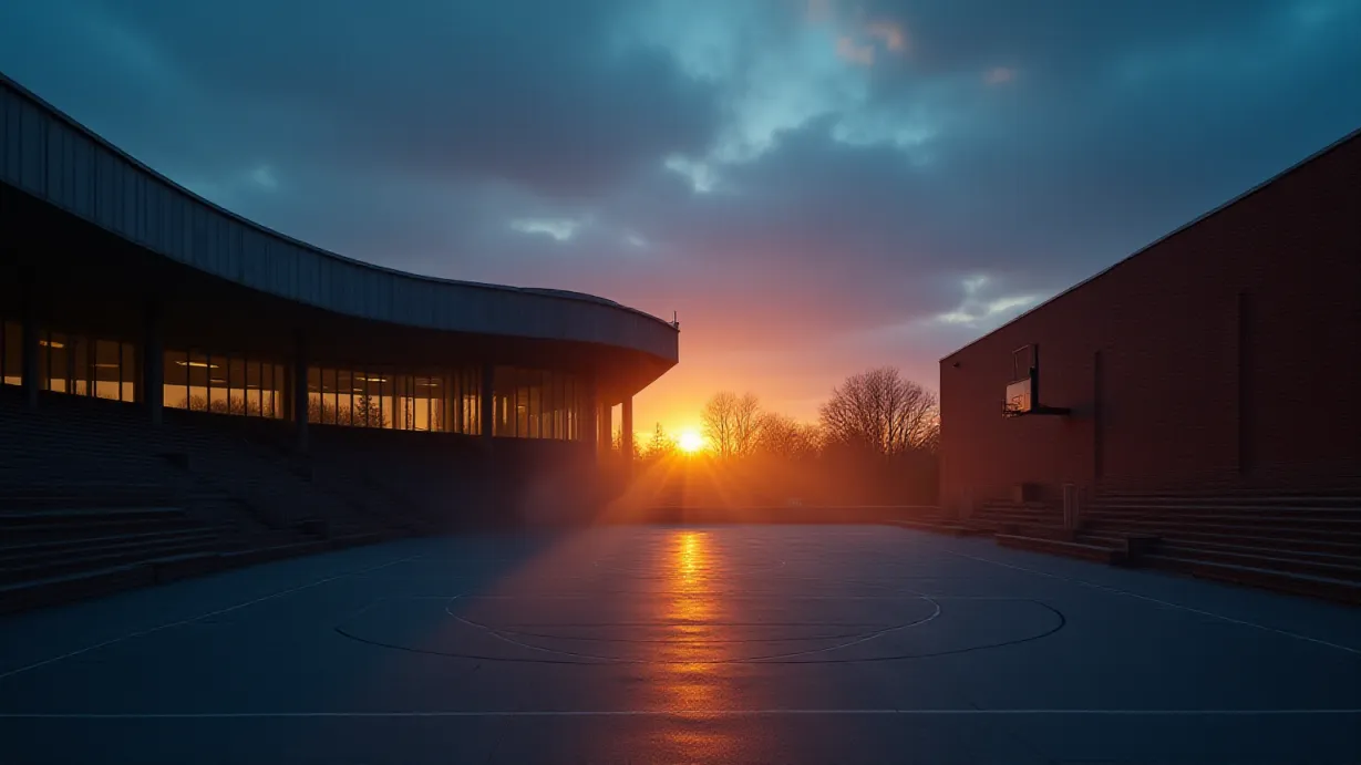 Image An establishing shot of the Gampel Pavilion at dusk, bathed in the soft, ethereal glow of twilight. The sky is a gradient of deep blues and fiery oranges, reflecting off the polished concrete and glass facade of the arena. Wisps of fog curl around the base of the building and the surrounding trees, creating a sense of mystery and anticipation. Volumetric light streams through the gaps in the bleachers, casting long, dramatic shadows across the empty court. The weathered brick exterior shows signs of years of use, with subtle textures and imperfections adding character. A lone basketball hoop stands silhouetted against the vibrant sky, a poignant symbol of the countless games played and dreams realized within these walls. The composition is framed by the clean lines of the building, with the setting sun as the focal point, positioned slightly off-center to adhere to the rule of thirds. The color palette focuses on complementary colors – blues and oranges – to enhance the mood and create a visually striking image. The air is still and silent, filled only with the promise of the upcoming season and the echoes of past triumphs. The scene should convey a feeling of both grandeur and intimacy, highlighting the significance of this location without the presence of any characters.
