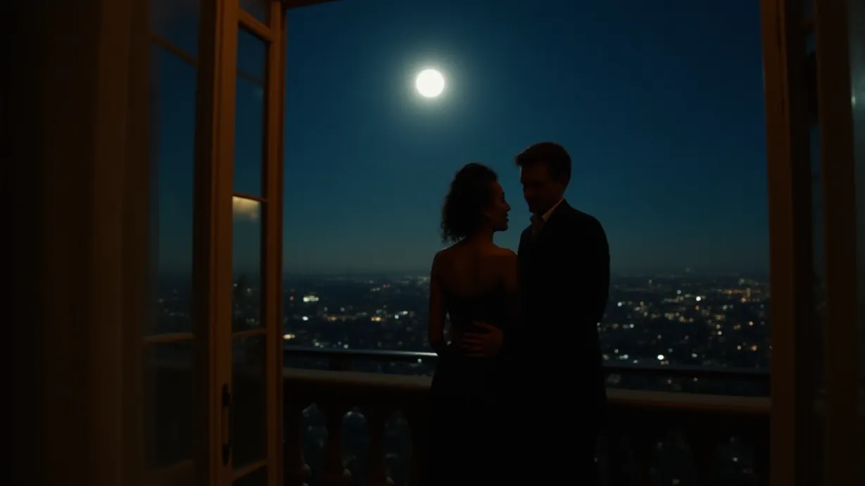 Image A moonlit balcony scene overlooking a twinkling cityscape. A couple stands close to the stone railing, silhouetted against the brilliant backdrop of the city lights. The woman shivers slightly, and the man's hand is placed gently on her lower back, offering warmth and comfort. The air is crisp, carrying the scent of honey and jasmine. The French doors stand ajar, with the warm glow of the ballroom spilling onto the balcony, and a man (Marcus) is seen silhouetted in the doorway, a dark figure watching them. The moonlight casts long shadows, creating a dramatic play of light and shadow. Focus on the couple, the cityscape, and the interplay of light, shadow, and scent. The composition should emphasize the intimacy and isolation of the couple while hinting at the world they have left behind. Soft focus on the background city lights to create a bokeh effect.