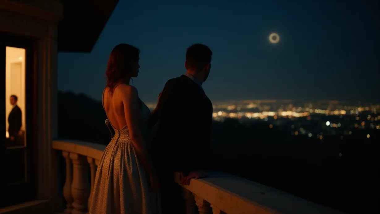 Image A moonlit balcony overlooking a glittering cityscape at night. The foreground features a weathered stone railing, with hints of shadow playing across its surface. A woman stands facing the night, her silver dress shimmering like stardust under the moonlight; the fabric catching and reflecting light, creating a soft glow around her figure. A man is positioned closely behind her, his hand gently touching her lower back, only his silhouette visible. A warm, inviting glow spills out from the partially open French doors leading back into a well-lit ballroom, silhouetting another man (Marcus) watching them from the doorway, his form a dark contrast to the intimate scene. The night air is crisp, almost tangible, carrying a sense of promise and potential. The vast expanse of the city sprawls out behind them, a tapestry of twinkling lights like fallen stars. The atmosphere is romantic, with selective focus on the couple and the city lights in the distance, enhancing the depth of field, and creating a sense of isolation from the party. Dramatic lighting includes soft rim lighting on the woman's dress and face, a warm glow from the ballroom, and the cool ambient light of the moon, rendering a sense of intimacy, vulnerability, and tension. Focus on the interaction between the couple, their closeness, the contrast between the party and the isolation on the balcony, and the overall emotional weight of the moment. A long lens, a wide aperture, and a shallow depth of field.