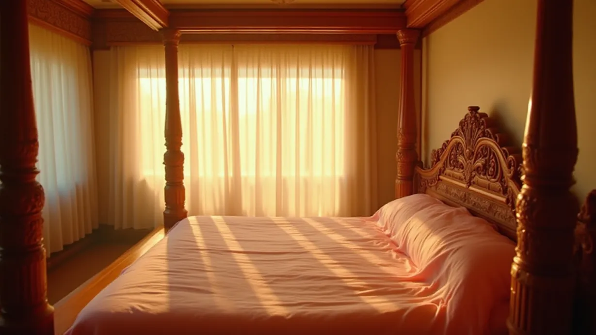 Image An establishing shot of a sun-drenched, newly renovated bedroom in a traditional South Indian home, bathed in the warm glow of late afternoon. The room is opulent and meticulously decorated, with intricate woodwork adorning the walls and ceiling. Sunlight streams through sheer, white curtains, casting long, soft shadows across the polished wooden floor. A large, ornate four-poster bed dominates the scene, draped with a luxurious pink silk bedspread that reflects the sunlight. The room is filled with the faint scent of jasmine and sandalwood incense, hinting at the recent marriage ceremony. A gentle breeze subtly moves the curtains, creating an ethereal effect. Dust motes dance in the sunbeams, adding a sense of tranquility and timelessness. The color palette is a blend of soft pastels – pinks, creams, and golds – creating a romantic and serene ambiance. Empty space on the bed.