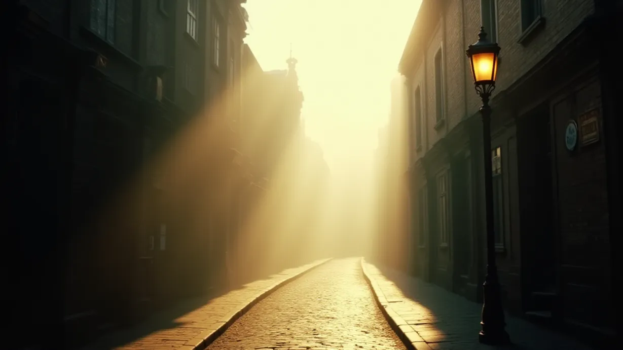 Image A wide establishing shot of a foggy, sun-drenched street in a quaint, old-fashioned town. The scene is dominated by weathered brick buildings with ornate details, casting long, dramatic shadows across the cobblestone street. Sunbeams pierce through the thick fog, creating volumetric light that highlights dust motes and emphasizes the texture of the aged surfaces. The color palette is a blend of warm, golden hues from the sun and cool, muted tones from the fog, creating a sense of mystery and anticipation. A vintage streetlamp is positioned on the right side of the frame, its light barely visible through the fog, hinting at the time of day. In the foreground, a partially visible shop sign suggests the presence of businesses and life. The composition follows the rule of thirds, with the street and buildings acting as leading lines, drawing the eye into the distance. The depth of field is moderate, with some elements in sharp focus and others softly blurred by the fog, giving the scene a sense of depth and realism. Focus on details like the texture of the brick, the patterns on the cobblestones, and the way the fog interacts with the light and architecture. The overall mood is one of quiet intrigue and the possibility of hidden secrets.