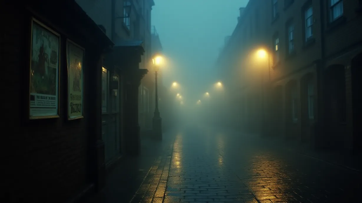 Image A wet, cobbled London street in 1976, shrouded in a thick, swirling fog. Gas lamps cast an ethereal, warm glow, their light barely penetrating the dense mist. Rain slicks the cobblestones, reflecting the blurred, diffused light and creating a mirror-like effect. In the foreground, a weathered brick wall displays tattered posters, their edges curling from the dampness. The posters are partially obscured by the fog, hinting at the unsettling nature of the city. The composition follows the rule of thirds, with the street leading into the distance, framed by buildings on either side. The color palette is muted, featuring blues, grays, and browns with hints of amber from the streetlights. Volumetric light beams try to pierce through the fog, creating dramatic shadows and emphasizing the depth of field. The texture is rough and detailed, with visible brickwork, aged stone, and wet surfaces. The overall mood is one of mystery, impending doom, and isolation.