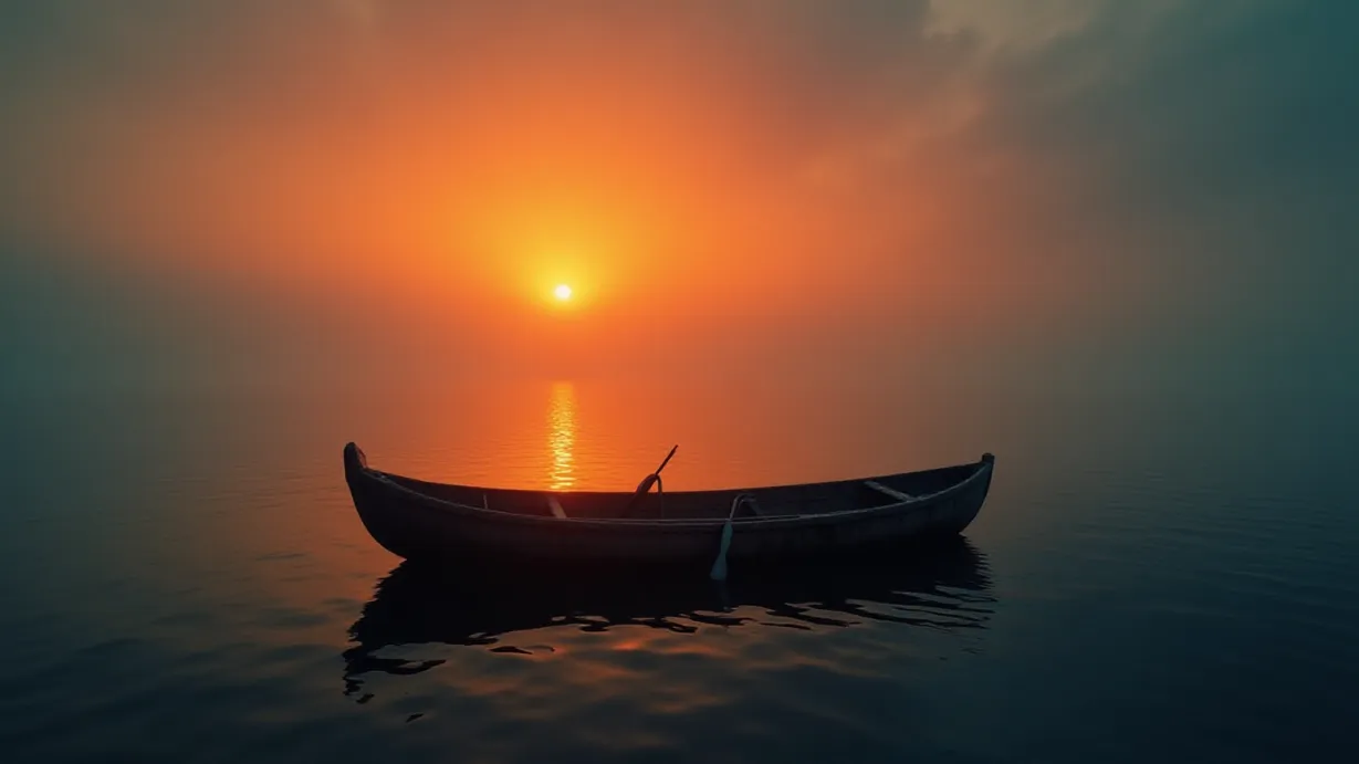Image A wide, establishing shot of a vast, misty ocean at sunset, captured from a low angle on the water's surface. The sun, a fiery orb, dips towards the horizon, casting long, dramatic shadows across the water's surface and painting the sky with hues of deep orange, crimson, and purple. A medieval rowboat, weathered by time and the elements, gently bobs on the water in the lower third of the frame, acting as a solitary point of interest. The boat's oars are neatly positioned, suggesting a moment of stillness amidst the vastness. Wisps of fog and mist obscure the distant horizon, creating an ethereal atmosphere and obscuring any landmasses, adding to the feeling of isolation and the unknown. The water's surface reflects the sky's colors, creating a mirror-like effect with subtle textures of ripples and waves. The overall mood is one of melancholy, solitude, and a sense of journey's uncertainty.