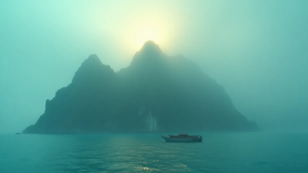 Image A wide, establishing shot of an island shrouded in mist, bathed in the soft, diffused light of dawn. No characters are present. The island is mountainous, its peaks partially obscured by swirling fog that spills down into the turquoise ocean below. Sunbeams pierce through the mist, creating volumetric light that illuminates the rugged terrain and highlights the textures of the weathered rock faces. The foreground features the calm, reflective surface of the ocean, with gentle ripples indicating a slight breeze. A lone, weathered wooden boat drifts near the island. The color palette is muted, with cool blues and greens dominating the scene, contrasted by the warm, golden hues of the sunbeams. The composition adheres to the rule of thirds, with the island's peaks and the sunbeams serving as focal points, drawing the eye across the scene and creating a sense of depth and scale.
