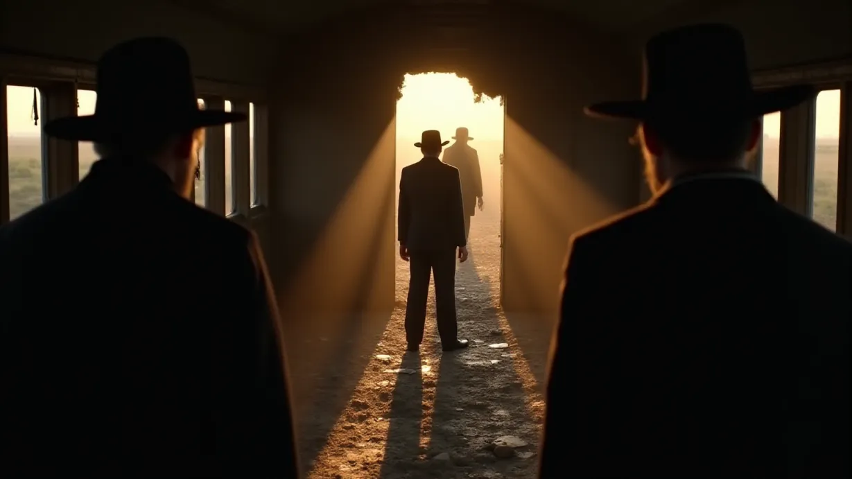 Image Dramatic interior shot of a damaged train car, evening light streaming through the shattered window, illuminating dust motes and creating strong shadows. The scene is tense, the aftermath of a gunfight is evident with broken glass and debris scattered across the floor. Sheriff Langston, back turned, gesturing towards the approaching figure who is partially hidden in the shadows outside, relaying the plan. Mac is seen from behind, map clutched in his hands, his back is partially illuminated by a single ray of sunlight. Joe's hands are visible as he shields the Walkins sisters, silhouetted in the distance, huddled together. The approaching figure, a silhouette against the fading light, adds to the overall sense of danger and anticipation. The color palette is muted with strong contrast between light and shadow, emphasizing the mood of suspense and uncertainty.