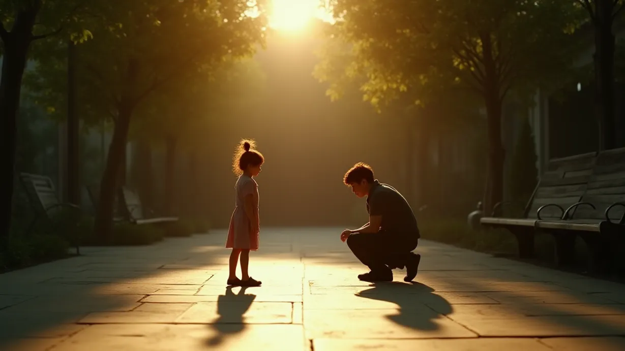 Image A wide shot capturing the hospital courtyard in late afternoon. The scene is bathed in the golden light of the setting sun, filtering through the leaves of mature trees, casting long shadows across the stone paving and weathered wooden benches. In the foreground, a small, child-sized figure, Hailey, stands with her back to the viewer, her gaze fixed towards a partially obscured figure, Jihoon, kneeling a short distance away. Sunlight catches the back of her head, creating a soft halo effect, while dappled shadows play across the space between them. Jihoon's form is mostly in silhouette, only the curve of his shoulder and the back of his head are visible, as he leans down to meet Hailey's level. He has his hands on his knees. The bench where Jae sat is visible in the background, partially obscured by shadows, highlighting his absence in the active interaction. The atmosphere is one of quiet observation, anticipation, and a subtle sense of longing. The light defines the scene, emphasizing the connection between the two figures and the sense of distance from the viewer. The objects include the bench in the background and a couple of trees creating a frame for the scene. A slight blur in the background to keep attention on the interaction between Hailey and Jihoon. A warm, inviting glow surrounds the interaction