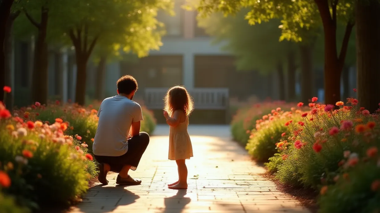 Image A sun-drenched, late afternoon scene in a hospital courtyard. Mature trees cast dappled shadows on the stone paving and vibrant flower beds. Hailey, a small figure, stands among colorful blooms, her back to the viewer. Soft rim lighting outlines her silhouette, highlighting the excitement in her posture as she gestures towards the flowers. Jihoon, partially obscured by the dappled shadows and distance, kneels to admire the flowers with her. The flowers are in sharp focus, overflowing with color and life, creating a vivid contrast with the softer, more diffused light on the figures. A weathered wooden bench is placed in the middle distance suggesting the previous presence of the father. The air is still, carrying the faint scent of earth and blooming flowers. The overall mood is one of joy, anticipation, and subtle longing, framed by the warm light of the setting sun.