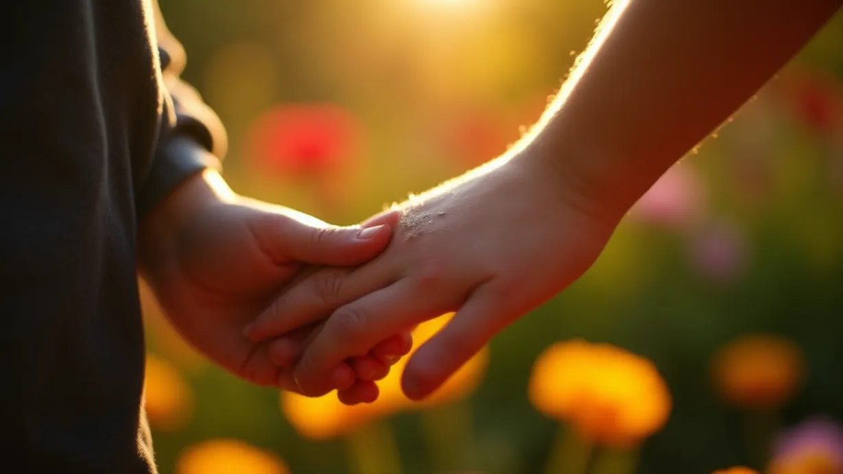 Image A close-up, detailed shot of Hailey's small hand gently brushing dirt from Jihoon's shirt. The scene is bathed in the warm, soft light of late afternoon, with the sun casting dappled shadows across the vibrant flower beds. Focus is on the tactile interaction: the delicate touch of her fingers, the texture of the fabric, and the subtle movement of her hand. In the background, out of focus, a riot of colorful flowers blooms, their petals catching the light. A hint of Jihoon's dark shirt is visible behind Hailey's hand. The overall mood is one of gentle affection and shared intimacy, with the light creating a halo effect around their hands. Selective focus highlights the hand and dirt, drawing the viewer's attention to this small, tender moment in their growing relationship. The details in the fabric and the soft texture of the flowers contribute to the immersive feel, suggesting the vibrancy and care in their shared world.