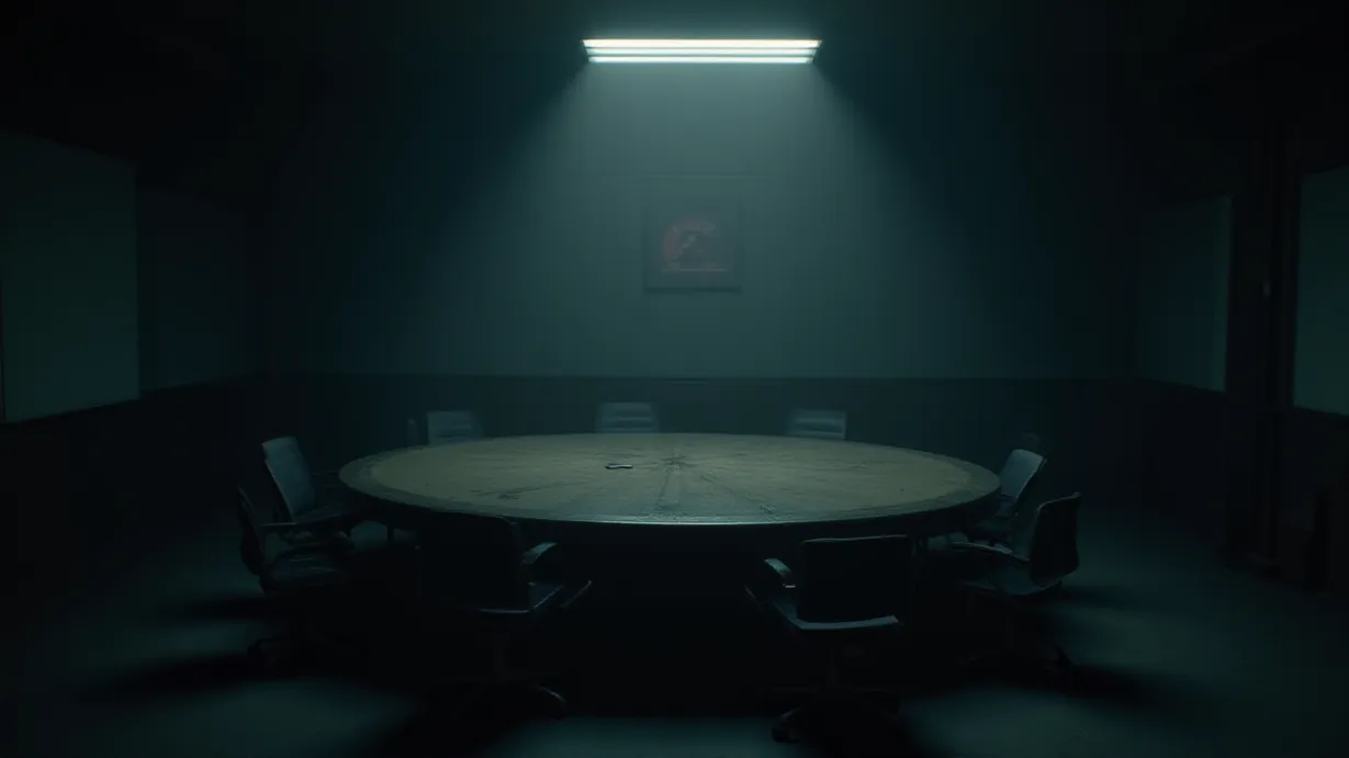 Image A dimly lit mission briefing room, bathed in the cool, artificial light of overhead fluorescent panels. The air is thick with the scent of stale coffee and anticipation. A large, circular table dominates the center of the room, its surface worn and marked with the ghosts of countless previous briefings. Scattered around the table are empty chairs, arranged in a semi-circle, each with a worn seat and backrest. The walls are a muted, institutional gray, punctuated by a large, high-definition display screen showing the Division's logo, but currently turned off. Shadows cling to the corners of the room, emphasizing the silence and the weight of the upcoming mission. Volumetric light shafts stream in faintly through the high, narrow windows, illuminating dust motes dancing in the air. The overall atmosphere is one of quiet preparedness and controlled tension, a prelude to action, with a subtle, unsettling sense of impending events. The floor is a polished concrete, reflecting the ambient light and creating a slight sense of depth.