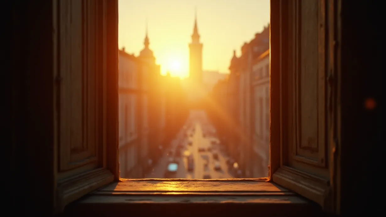 Image An ethereal, establishing shot of a sun-drenched, late afternoon cityscape as seen through a slightly ajar, antique window. Focus on the warm, golden light streaming through the window, illuminating dust motes dancing in the air, creating a sense of timelessness and introspection. The exterior view reveals a bustling city street below, softened by a gentle haze. Buildings rise into the distance, their facades subtly rendered with intricate architectural details, some in shadow, others catching the sun. A few, distant, silhouetted figures are suggested to add life without being the focus. The interior frame, encompassing the window, reveals aged wooden sills and panes, their textures heavily weathered and marked by time. The color palette is dominated by warm oranges, golds, and browns, contrasted by cooler blues and purples in the shaded areas and distance. The composition follows the rule of thirds, with the window forming a strong frame in the foreground and leading lines created by the buildings drawing the eye towards the focal point of the sunset. Volumetric lighting and a shallow depth of field accentuate the atmospheric perspective, suggesting both physical and emotional distance, reflecting the main character's inner conflict.