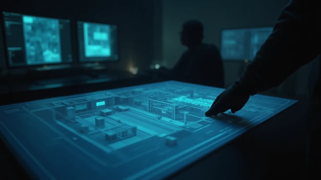 Image A medium shot, over-the-shoulder view of a detailed digital blueprint, its surface illuminated by a cool, digital glow. The blueprint showcases the interior of a dilapidated warehouse, intricate details of crates and potential escape routes are highlighted. A gloved hand, partially obscured, is pointing towards a corner of the blueprint where several large crates are stacked. In the background, bathed in shadow and rim lighting, is the Commander, seen from the side, his form partially silhouetted against the glow of multiple digital screens displaying infrared scans and tactical data. The atmosphere is tense, with a palette dominated by cool grays, blues, and the artificial light of the screens. The composition is focused on the strategic layout of the warehouse, emphasizing the deception and hidden movements. Selective focus is applied to the blueprint, the gloved hand, and the Commander, creating depth and directing the viewer's attention. The scene is underscored by the subtle lighting, which highlights the environment and contributes to an atmosphere of secrecy and planning.
