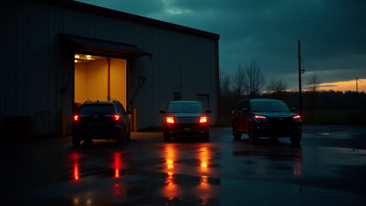 Image Exterior shot of a dilapidated warehouse loading bay at dusk. Three black SUVs are arranged in a semi-circle, blocking potential escape routes. The loading bay doors are partially open, revealing the dimly lit interior. The sky is a mix of deep indigo and fiery orange from the setting sun, casting long shadows from the vehicles and warehouse. Rain streaks across the scene, reflecting the vehicle lights and creating a sense of unease. The focus is on the strategic placement of the SUVs, with environmental storytelling elements: a discarded oil drum, a rusty chain hanging from the loading bay, and puddles of water reflecting the scene. Depth of field emphasizes the vehicles and loading bay, blurring the distant industrial landscape. The atmosphere is one of suspense, secrecy, and impending danger. The lighting emphasizes the deliberate nature of the vehicle arrangement.