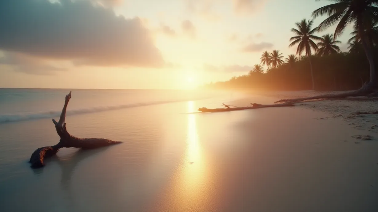 Image A wide establishing shot of a pristine, tropical beach at dawn. The sky is painted with soft, diffused hues of orange and pink, as the sun begins to peek over the horizon, casting long, dramatic shadows across the wet sand. A gentle mist hangs in the air, partially obscuring the distant palm trees and creating a sense of depth. The foreground is dominated by the textured, wet sand, reflecting the soft light and revealing the subtle patterns left by the receding tide. A few weathered, gnarled driftwood logs lie scattered along the shoreline, serving as framing elements and adding to the scene's tranquility. The air is humid, and the scene is filled with a sense of anticipation and new beginnings. Volumetric lighting from the sun creates subtle god rays through the mist. The overall tone is hopeful and romantic, emphasizing the vastness of the sky and the untouched beauty of the location. No signs of human presence. Focus on the details of the sand's texture and the subtle color variations in the sky and ocean. Shallow depth of field, focusing on the wet sand in the foreground.