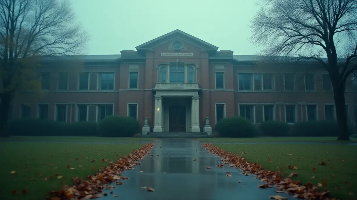 Image A wide establishing shot of the entrance to St. Clair High School on a misty, overcast autumn morning. The school's imposing brick facade is partially obscured by a thick fog that swirls around the base and clings to the manicured lawns. Sunlight, diffused by the heavy cloud cover, casts a soft, muted light across the scene, creating long, dramatic shadows that stretch across the wet pavement. The air is heavy with moisture, and the scent of damp leaves permeates the environment. The focal point is the main entrance, a set of grand, weathered doors framed by stone columns. Rain streaks down the windows, blurring the interior. The color palette is dominated by cool tones: muted blues and grays of the sky and building, contrasted by the warm, earthy browns and oranges of the fallen leaves scattered on the ground. The composition utilizes the rule of thirds, with the school building positioned along the top third of the frame and the entrance aligning with a vertical line. The depth of field is moderate, bringing the entrance and immediate surroundings into sharp focus while gradually blurring the background, emphasizing the isolation and introspection of the moment. A gentle rim light outlines the building's edges and gives a volumetric light effect, highlighting the texture of the brick and the details of the architecture. The textures are detailed, with visible water droplets on every surface and a sense of stillness.